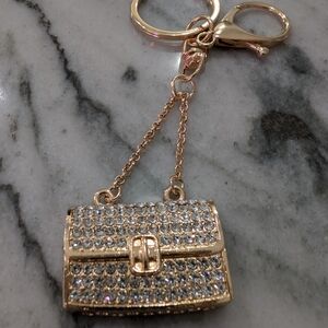 Gold With Clear Crystals Mini Purse Bag Charm Keychain